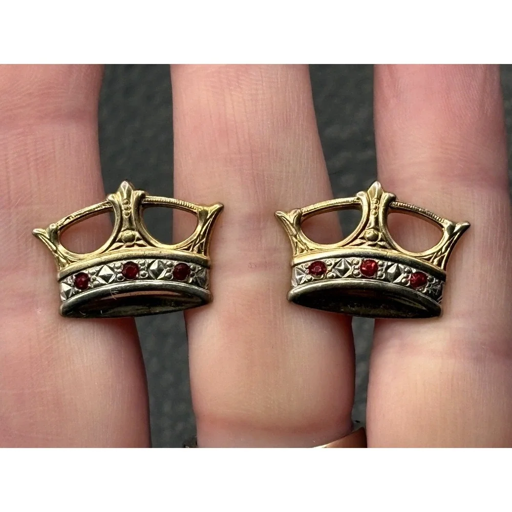 Vintage Anson Royal Crown Cufflinks Red Crystal Gold Tone Silver Tone